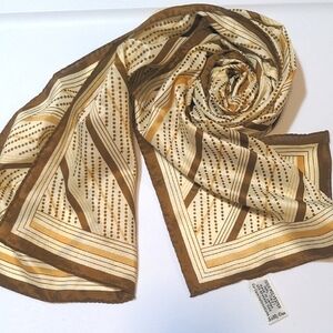 Vintage 70s Sally Gee Scarf Gold Polka Dots & Stripes Long Rectangle Japan